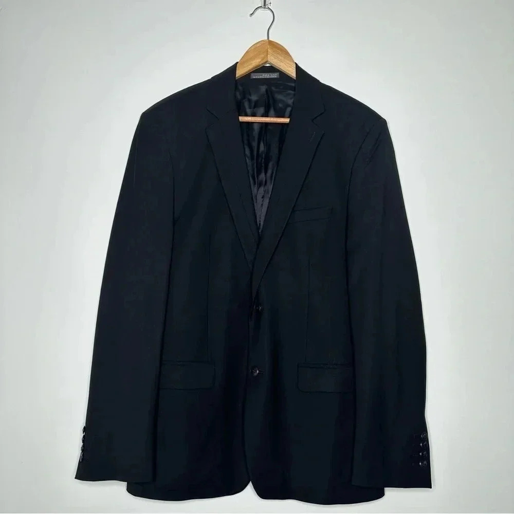 ZARA Man Black Wool Blend Two Button Blazer Size 42